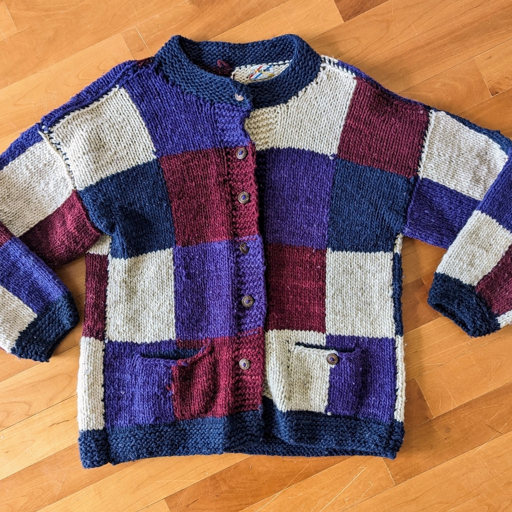 Vintage 90s Chunky Knit Purple Patchwork Ecuadorian Cardigan Sweater XL Rey Wear